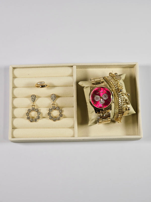 Kit Relógio Cristal com Pulseira, Brinco e Anel ajustavel com Zirconias 006