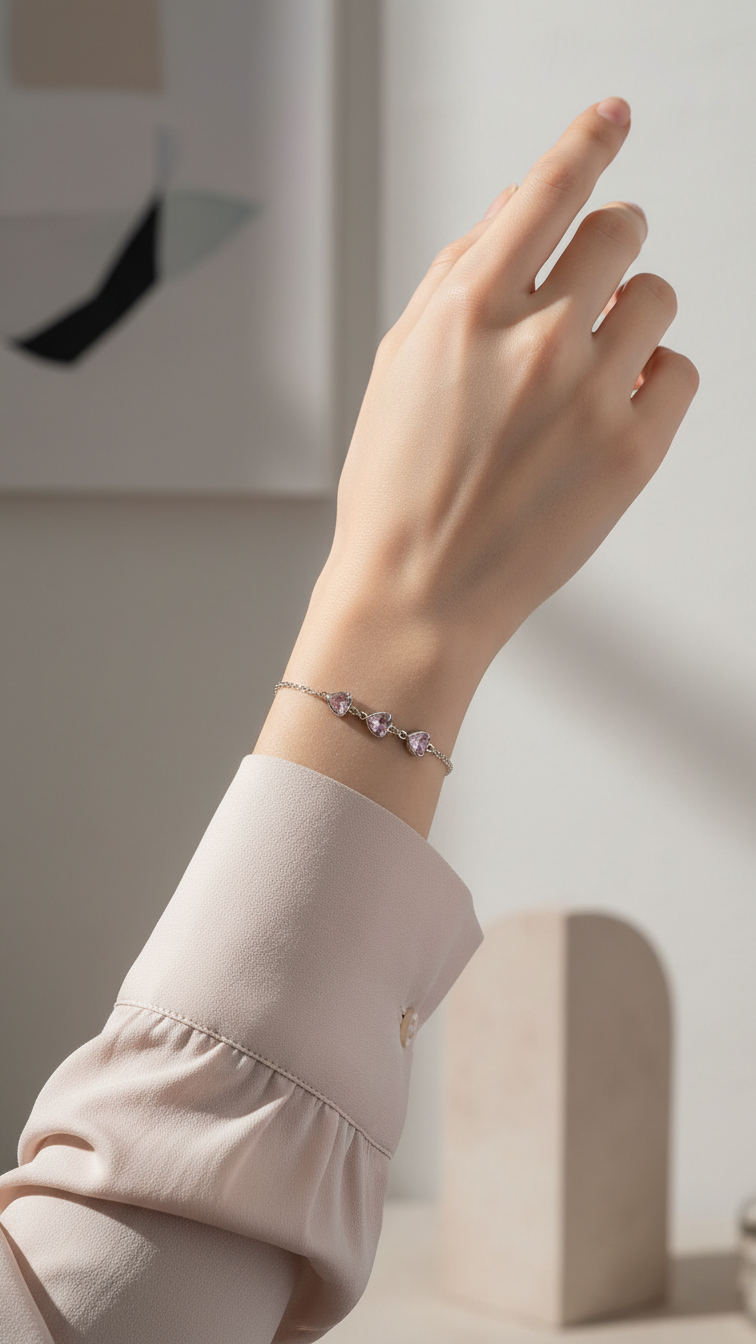 Pulseira Prata 925 Coração com Zircônias Rosas 1003