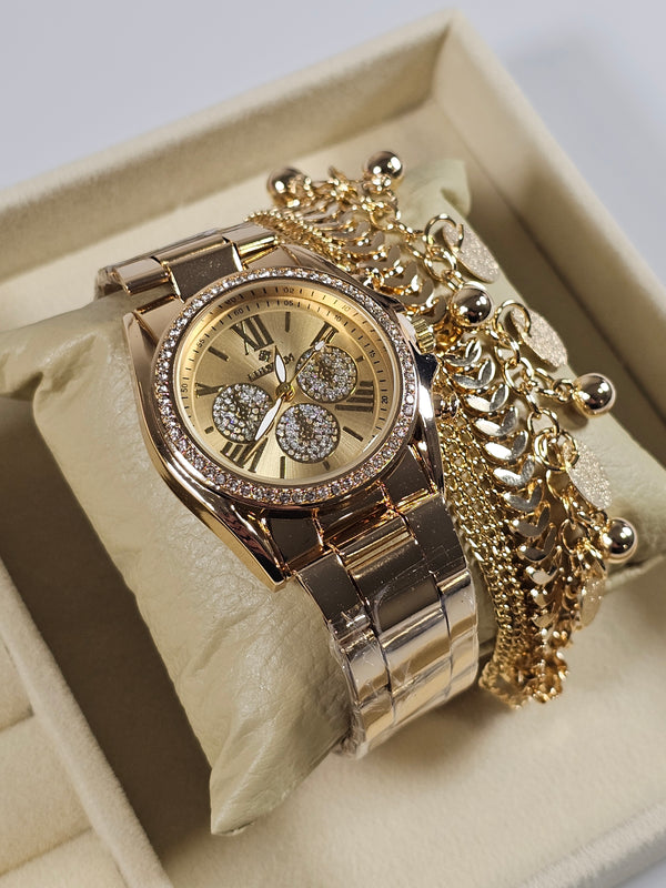 Kit Relógio Cristal com Pulseira folheada 008