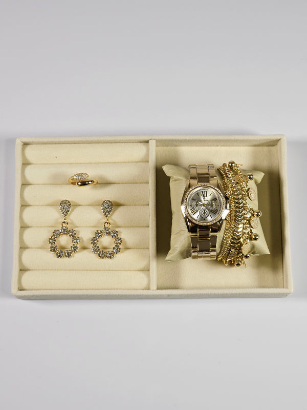 Kit Relógio Cristal com Pulseira, Brinco e Anel ajustavel com Zirconias 004