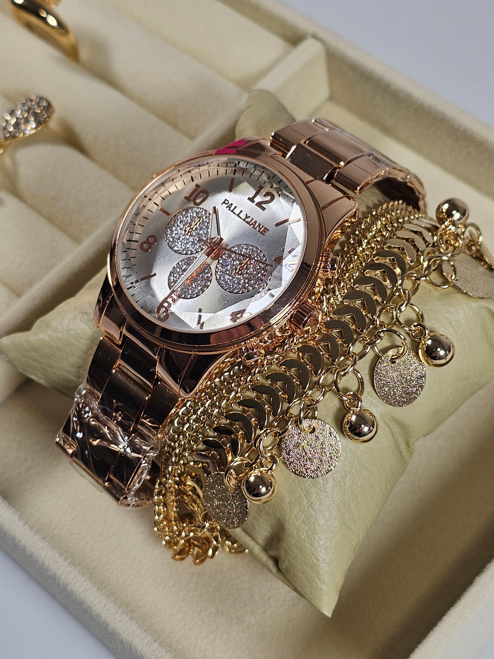 Kit Relógio Cristal com Pulseira, Brinco e Anel ajustavel com Zirconias 003