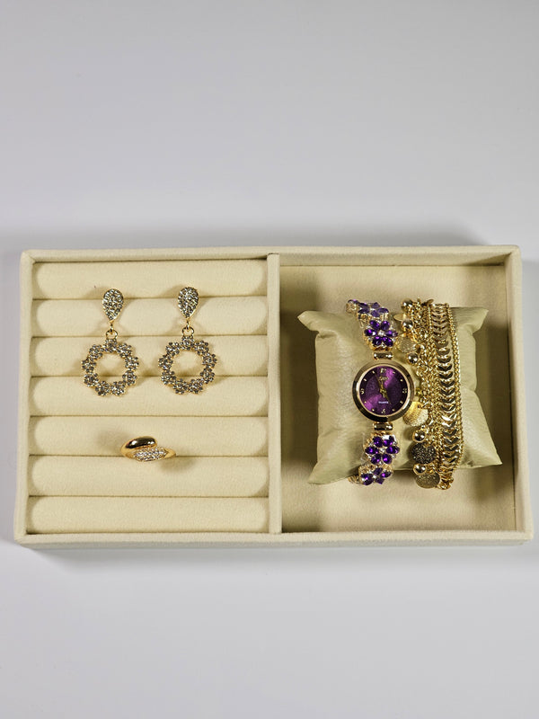 Kit Relógio Cristal com Pulseira, Brinco e Anel ajustavel com Zirconias 001