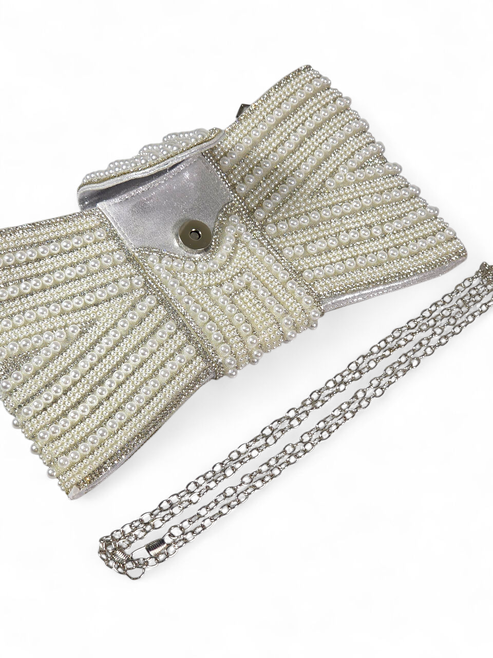 Carteira Luxo Cristal Perolas Prata 1036