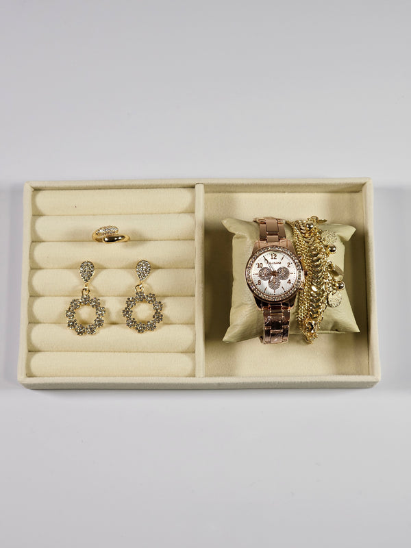 Kit Relógio Cristal com Pulseira, Brinco e Anel ajustavel com Zirconias 009