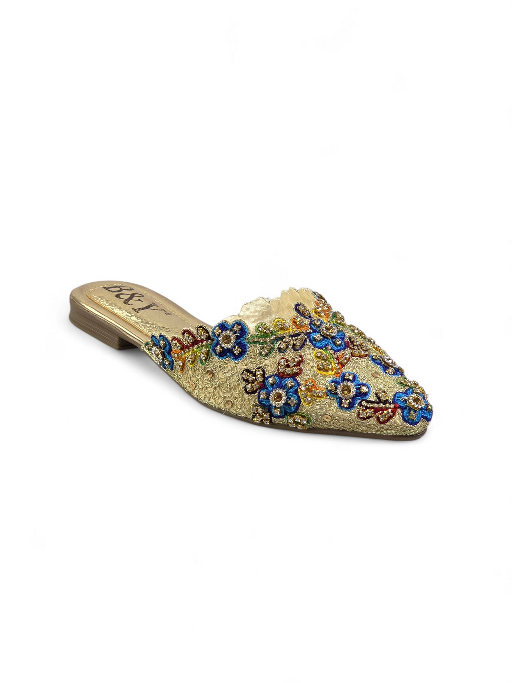 Mule artesanal dourada com bordado floral multicolorido feito à mão e pedrarias brilhantes.