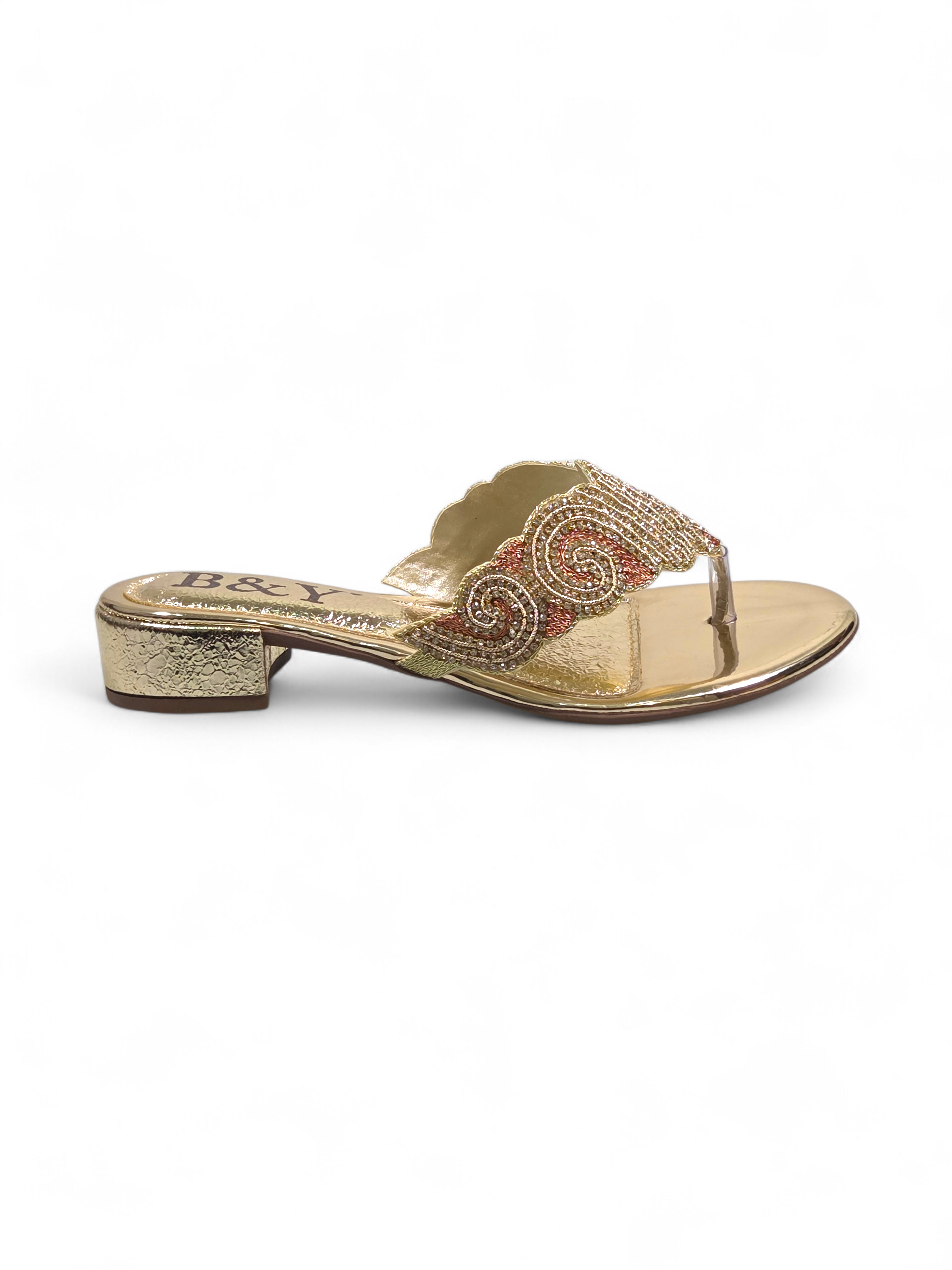 Chinelo 9827 Dourado com Rosa Salto Bloco