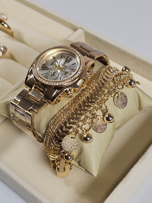 Kit Relógio Cristal com Pulseira folheada 009
