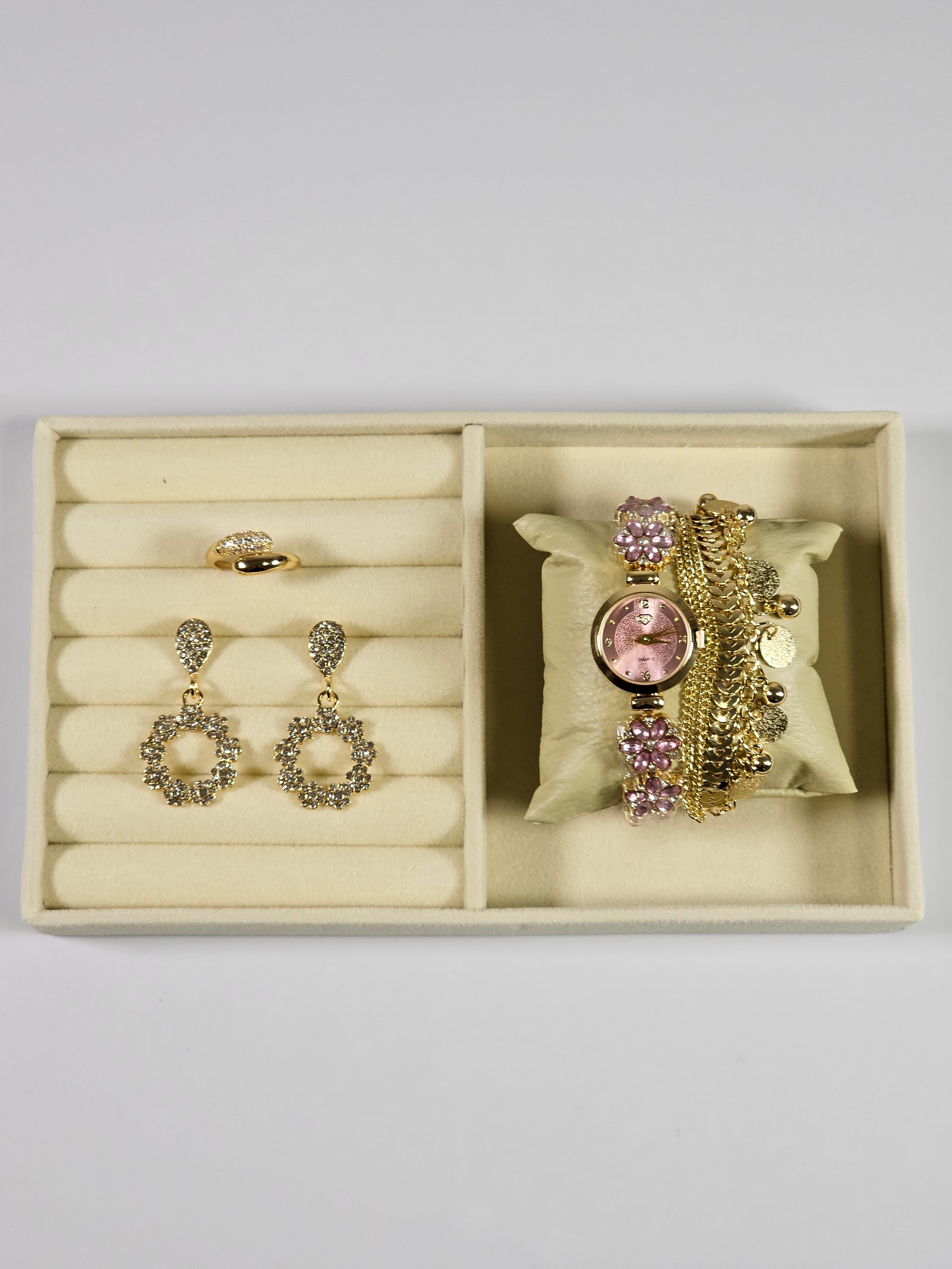 Kit Relógio Cristal com Pulseira, Brinco e Anel ajustavel com Zirconias 002