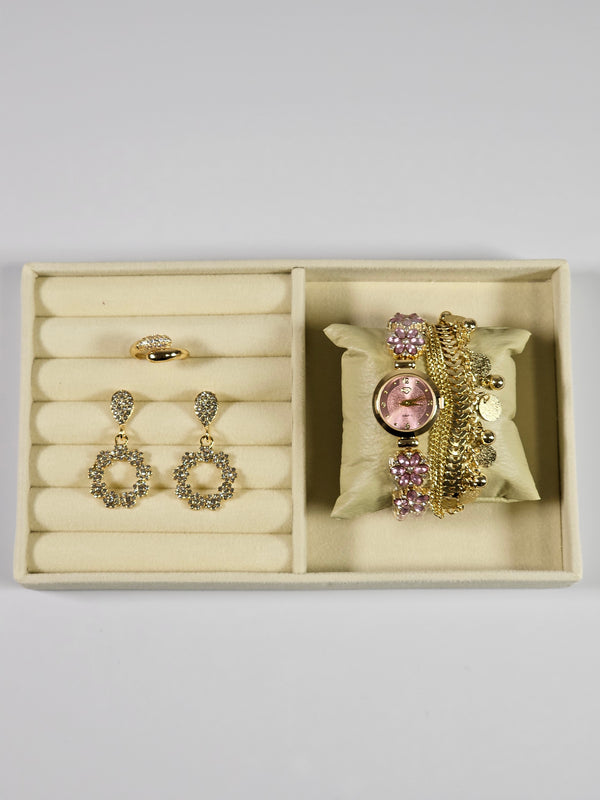 Kit Relógio Cristal com Pulseira, Brinco e Anel ajustavel com Zirconias 002