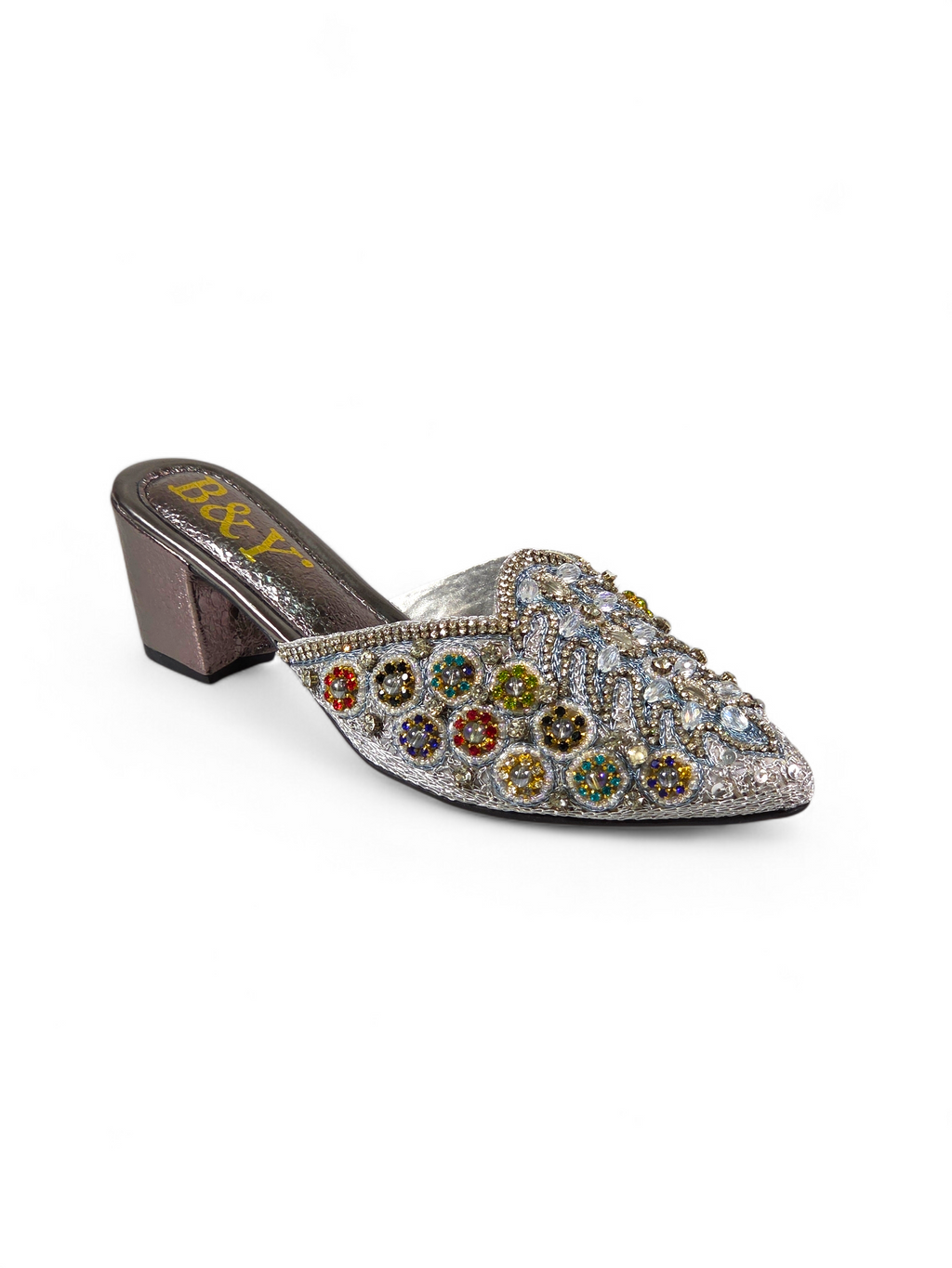 A silver, embellished, and pointed heeled shoe with a pointed toe and a chunky heel.
