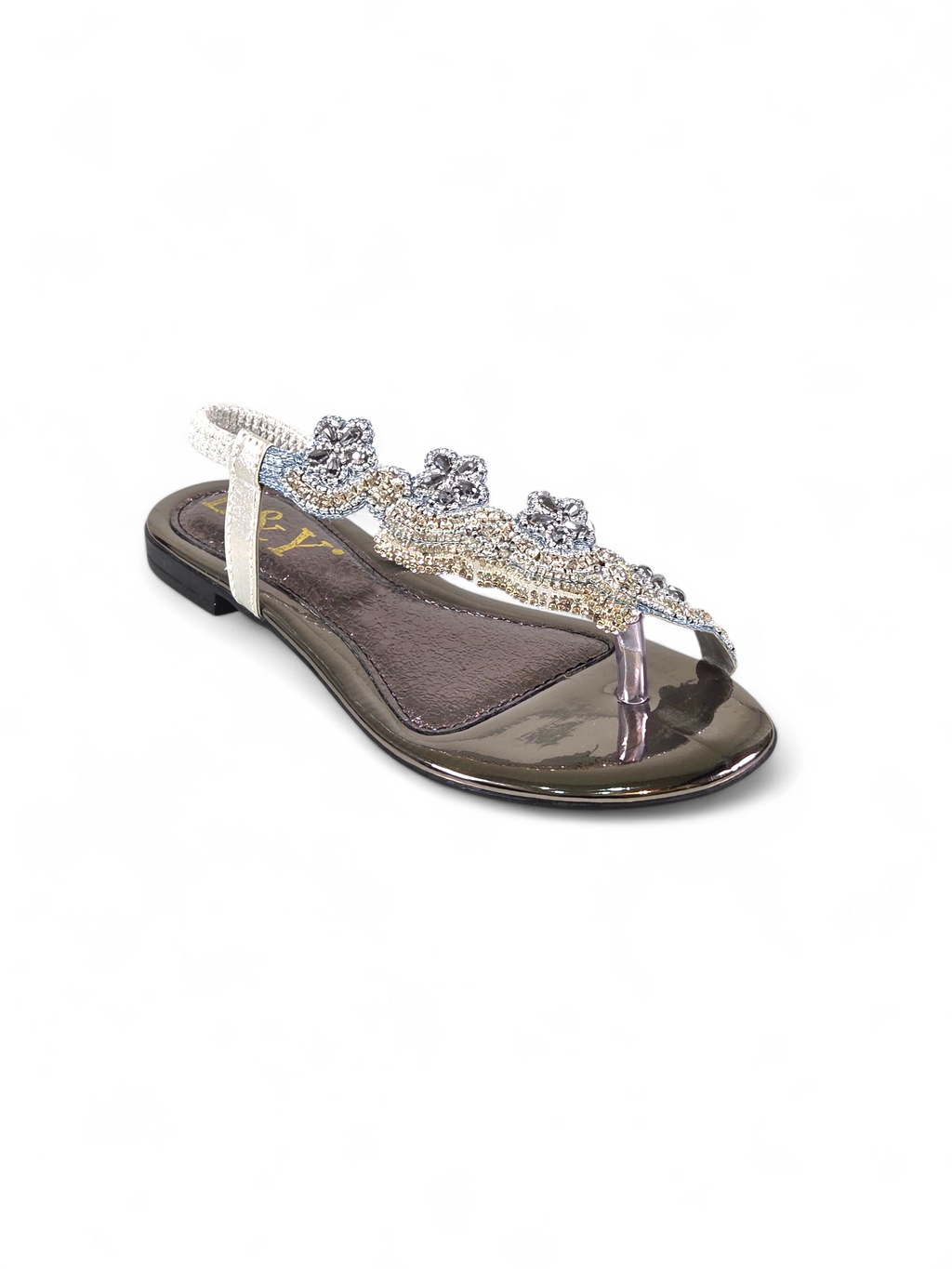 Sandália artesanal B&Y com tiras delicadas, aplicação de cristais, fechamento no calcanhar e acabamento sofisticado, em fundo branco.
