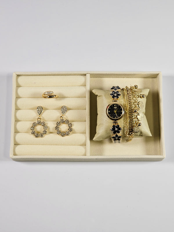 Kit Relógio Cristal com Pulseira, Brinco e Anel ajustavel com Zirconias 010