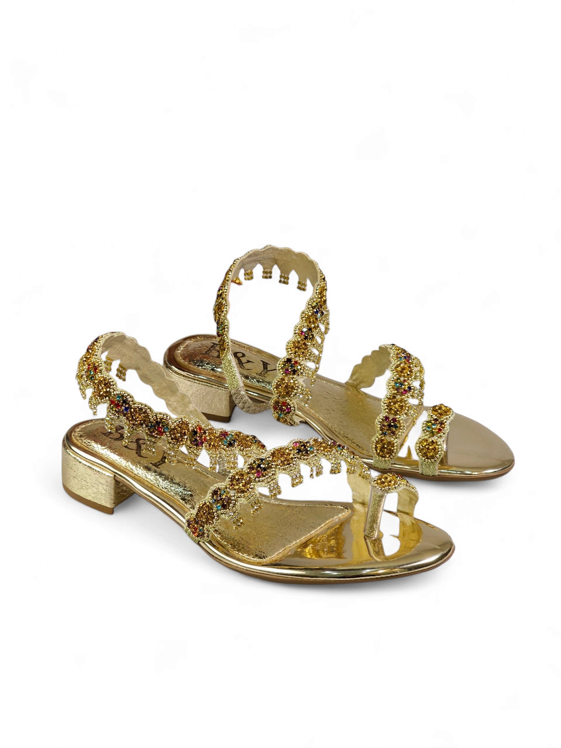 Sandália 9159 Dourada Colorida Com Salto Bloco 3cm