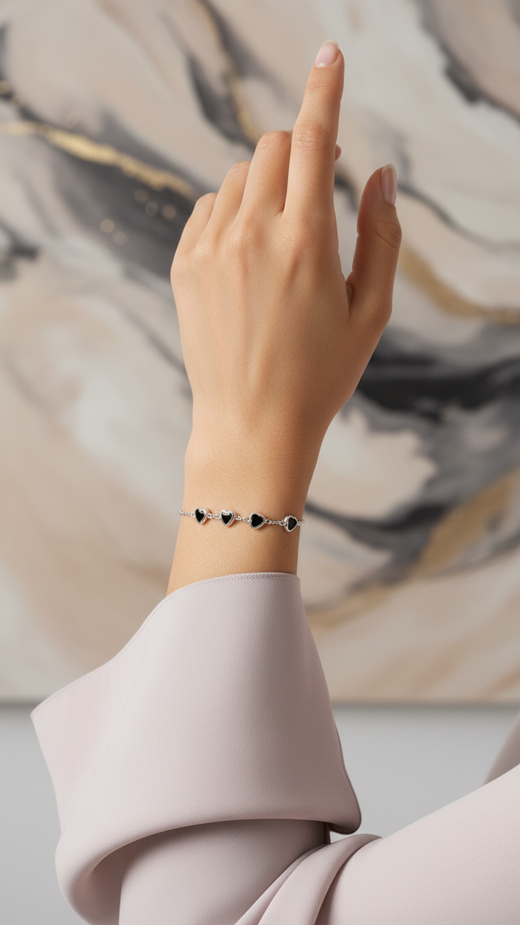 Pulseira Prata 925 Coração com Zircônias Pretas 1002