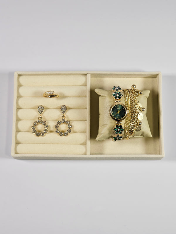 Kit Relógio Cristal com Pulseira, Brinco e Anel ajustavel com Zirconias 012