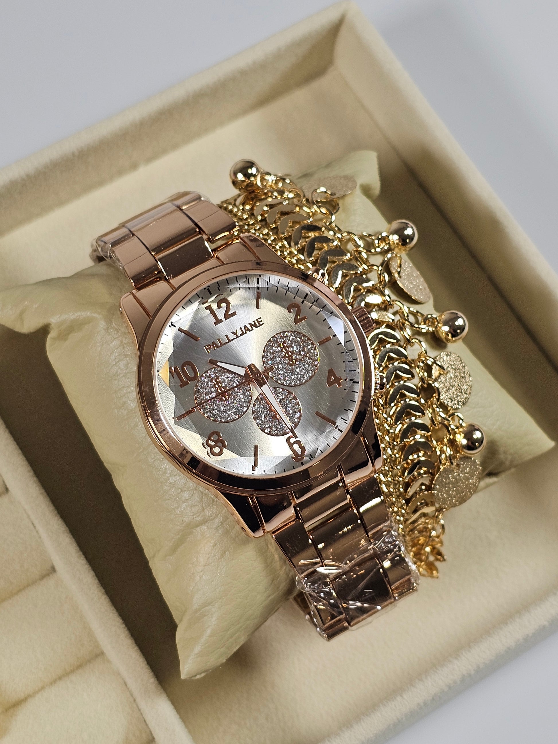 Kit Relógio Cristal com Pulseira, Brinco e Anel ajustavel com Zirconias 003