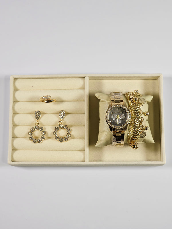 Kit Relógio Cristal com Pulseira, Brinco e Anel ajustavel com Zirconias 008