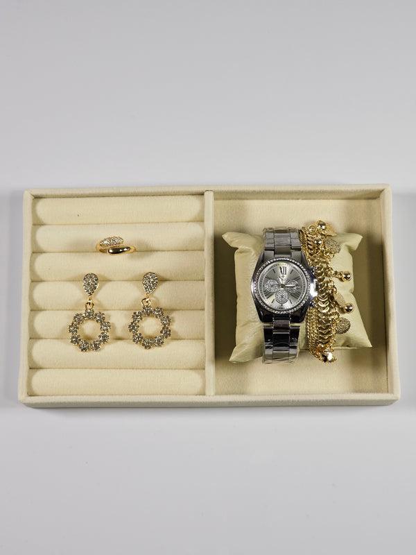 Kit Relógio Cristal com Pulseira, Brinco e Anel ajustavel com Zirconias 007