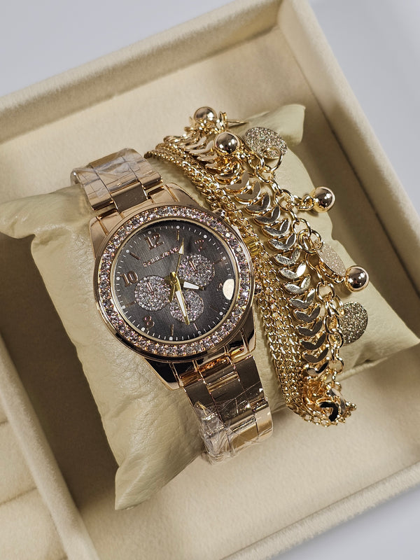 Kit Relógio Cristal com Pulseira folheada 005