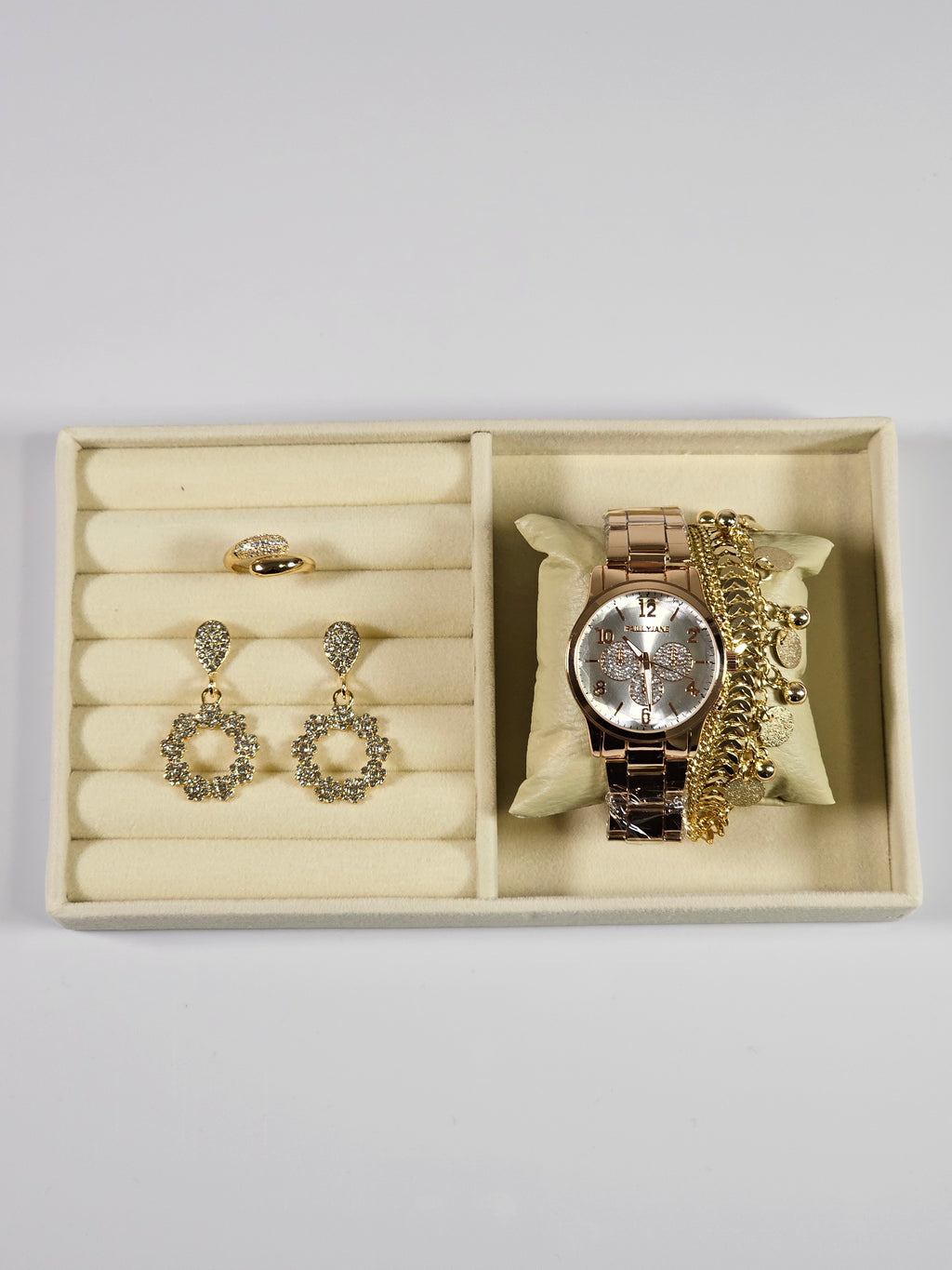 Kit Relógio Cristal com Pulseira, Brinco e Anel ajustavel com Zirconias 003