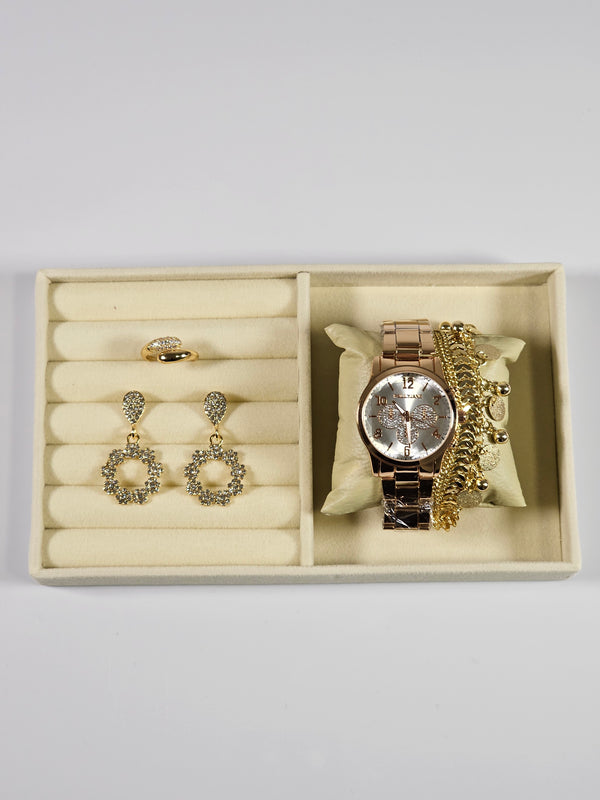 Kit Relógio Cristal com Pulseira, Brinco e Anel ajustavel com Zirconias 003