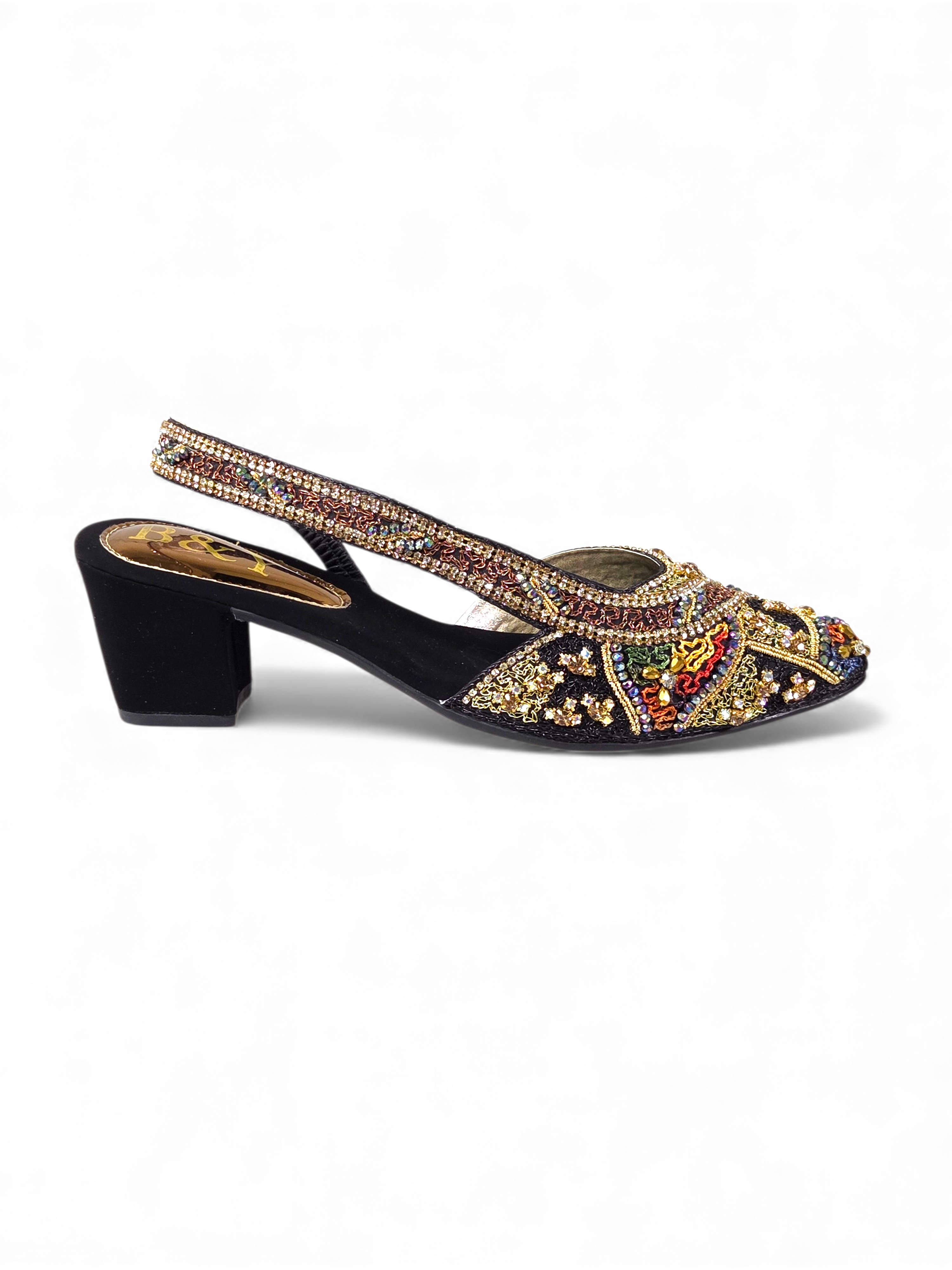 A pair of high-heeled shoes with a decorative, embellished design.