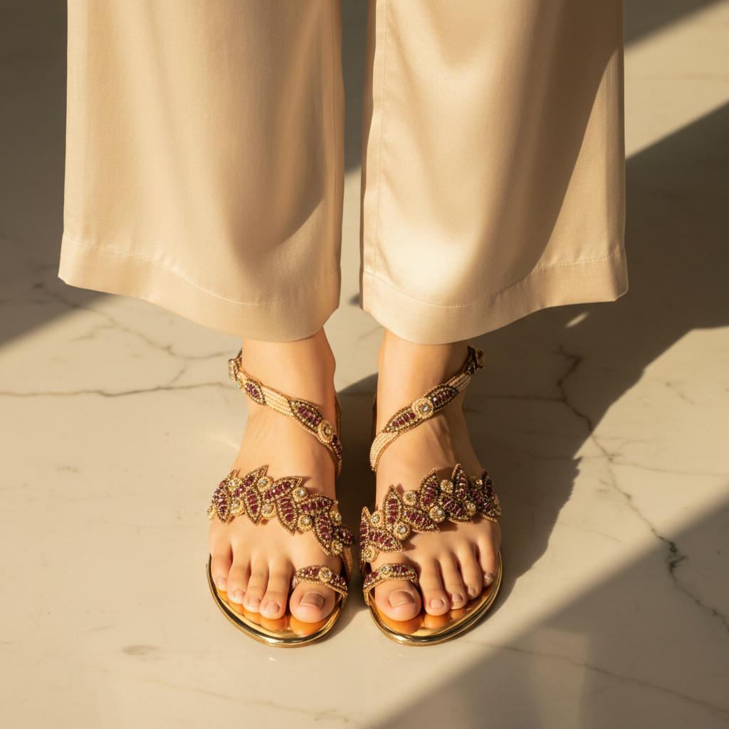 Sandália artesanal dourada com pedrarias rubi e pérolas, design em folhas, feita à mão com miçangas e brilho sofisticado.